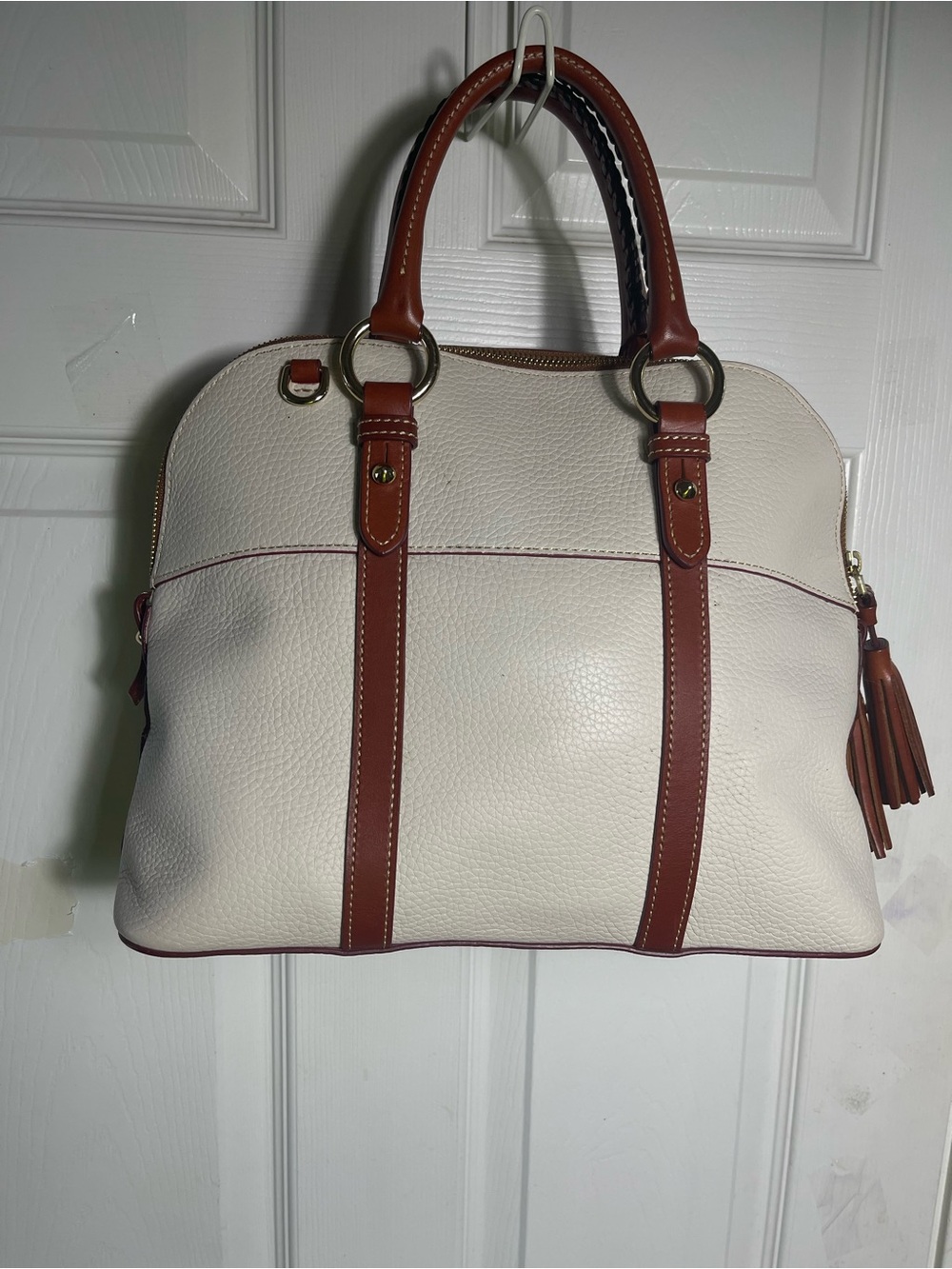 Dooney & Bourke leather Cream and Brown Structured Satchel Handbag .